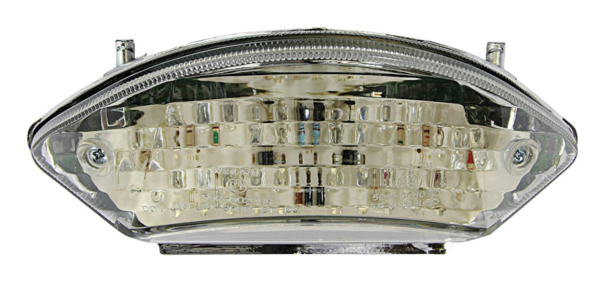 LED rear tail light with a clear lens, featuring integral indicators, designed for Honda CB600F Hornet models from 2003 to 2006, showcasing a sleek, modern shape and multiple light segments.
