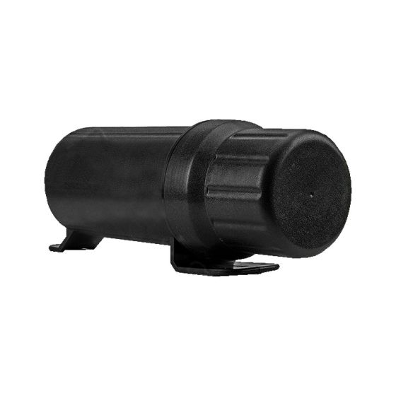 Black cylindrical luggage storage tube with a textured surface, featuring a secure end cap and mounting brackets for easy attachment to a bike.