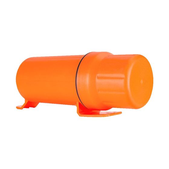 Bright orange cylindrical luggage storage tube with a secure cap and mounting brackets, made of durable plastic, designed for easy attachment to bikes.