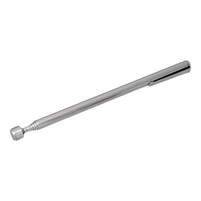 Silver metal extendable pick-up tool with a magnetic tip and a slim design, featuring a textured grip and a retractable mechanism for easy storage.