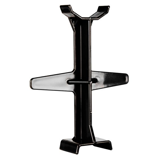 Black plastic fork support designed for motorcycles, featuring a sturdy, wide base and a central support for stability, ideal for maintenance and storage.