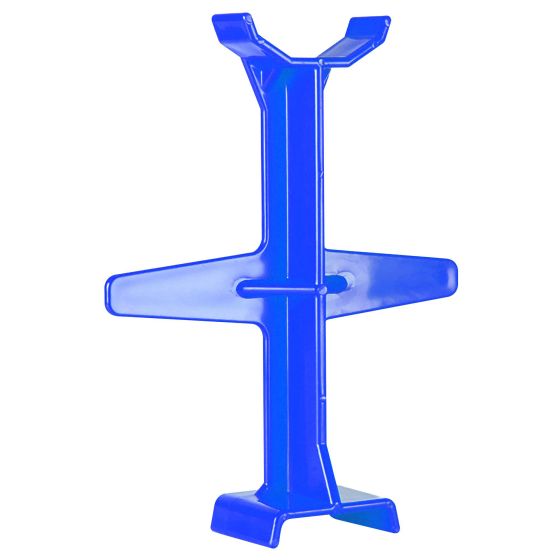 Blue plastic fork support designed for motorcycles, featuring a sturdy base and a Y-shaped top for secure placement and stability.