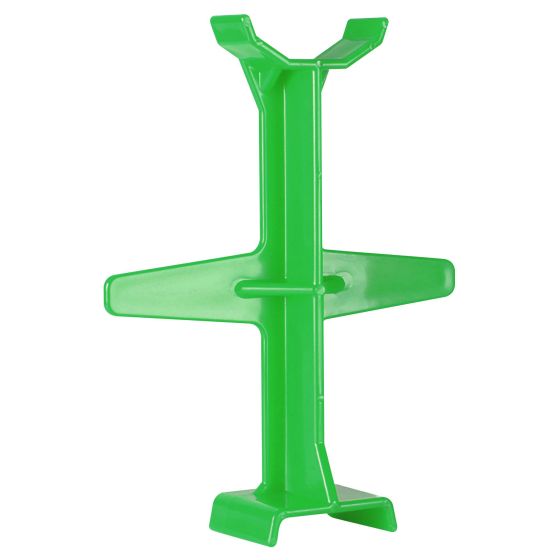 Bright green plastic fork support designed for MX bikes, featuring a sturdy, cross-shaped base and a vertical support to hold the bike securely in place.