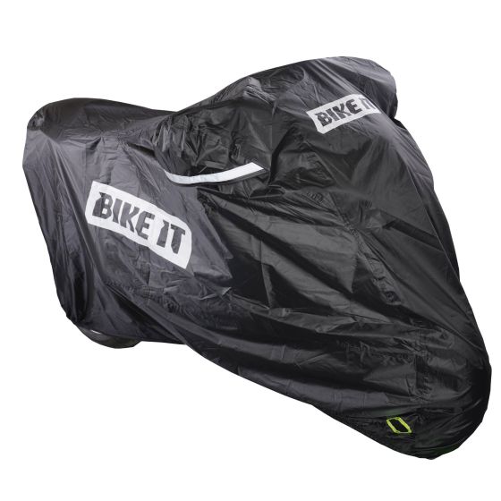 Black waterproof motorcycle rain cover for XL bikes, featuring reflective strips and the "BIKE IT" logo prominently displayed.