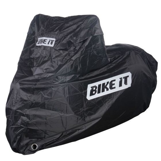 Black waterproof scooter rain cover with a sleek design, featuring the "BIKE IT" logo in white, designed to protect scooters with screens from outdoor elements.