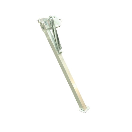 Silver universal side kickstand measuring 395mm, featuring a sturdy metal construction with a coiled spring mechanism and a flat base for stability.