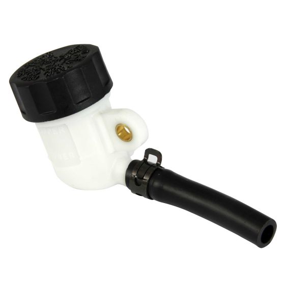 White plastic rear brake reservoir with a black textured cap, featuring a hose attachment and a metal clip for secure mounting.