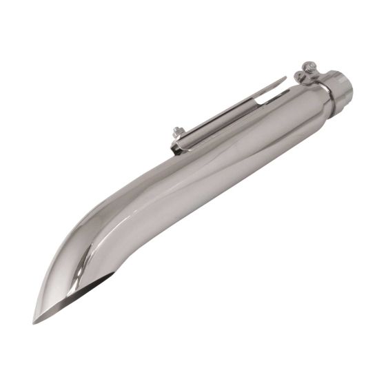 Polished silver 19" turnout silencer with a sleek, curved design, featuring a mounting bracket and clamp for easy installation on motorcycles.