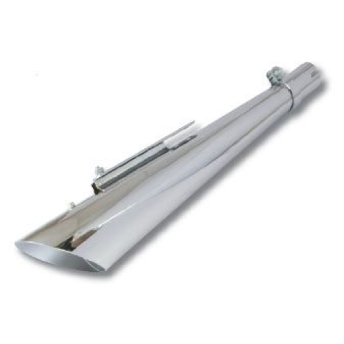 Shiny chrome 24" slash cut silencer with a tapered end, featuring metal construction and two mounting brackets for easy installation on motorcycles.
