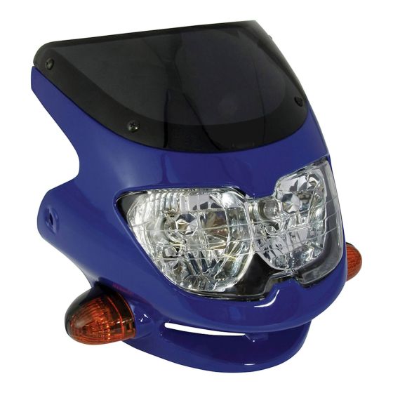 Blue plastic dash screen fairing with a tinted black visor, featuring dual clear headlights and integrated orange turn signals on the sides.