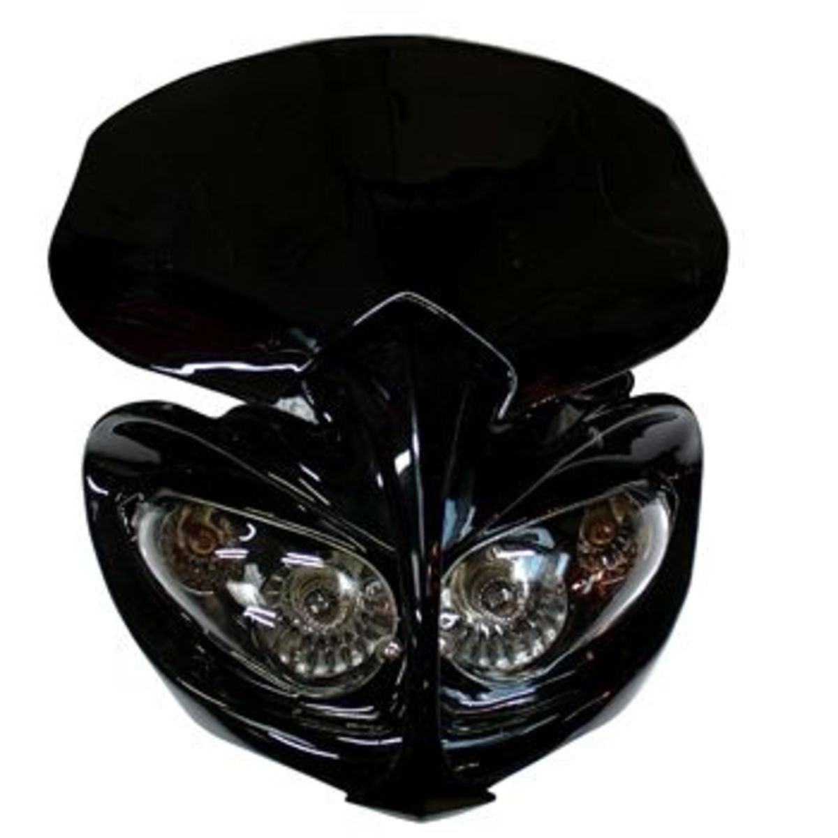 Black plastic fairing headlight with integrated indicators, featuring a sleek design and dual round headlights, ideal for enhancing the look of a motorcycle.