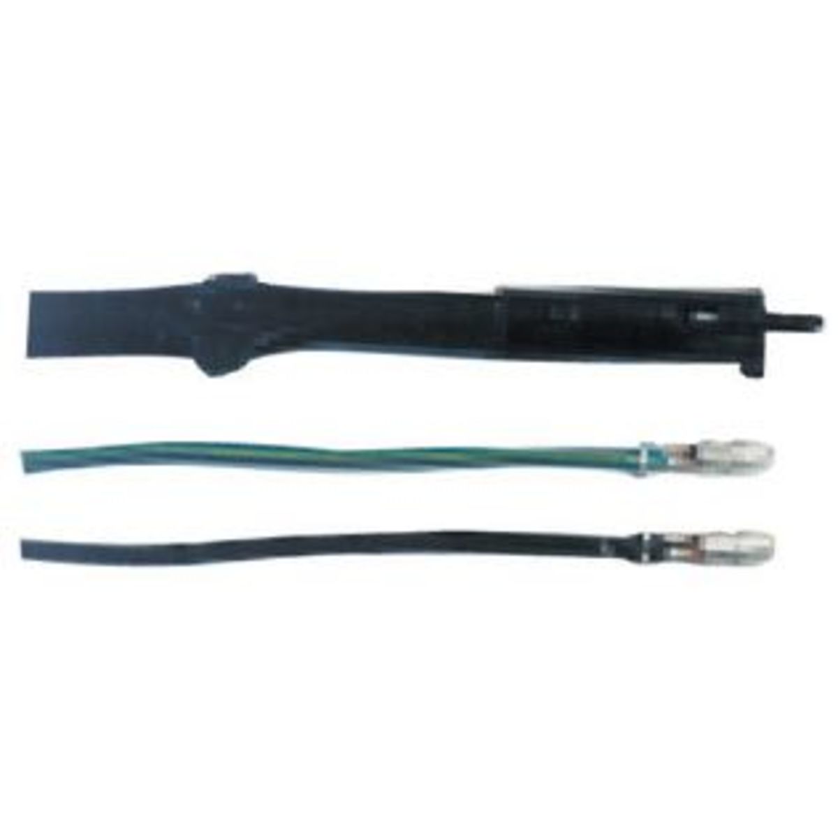 Black plastic universal stop switch with two attached wires, one green and one black, designed in a Honda style for motorcycle use.