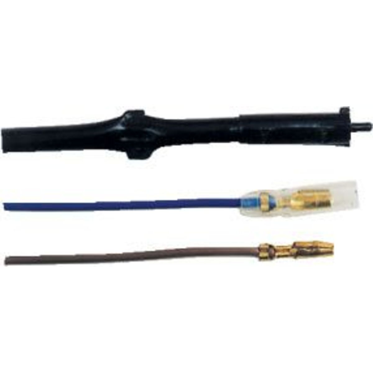 Black plastic universal stop switch with three wires: a blue wire, a brown wire, and a transparent connector, designed in a 'Suzuki Style' for compatibility with various bikes.