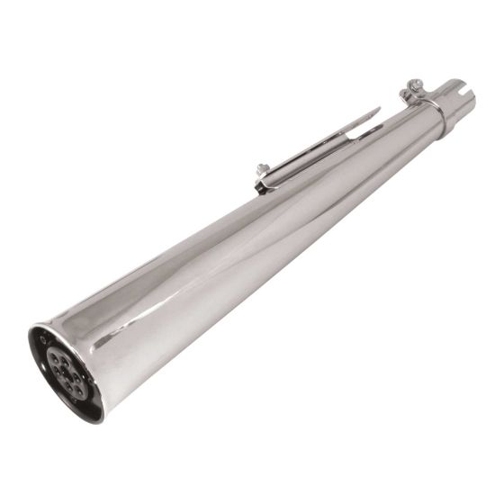 Shiny silver megaphone silencer with a tapered design, featuring a black inner opening and a clamp for easy attachment to a bike.