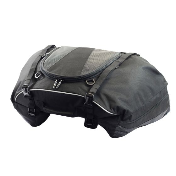 Black BikeTek Maxi Tail Bag with a 50-litre capacity, featuring a durable material, adjustable straps, and a sleek, aerodynamic design with reflective accents.