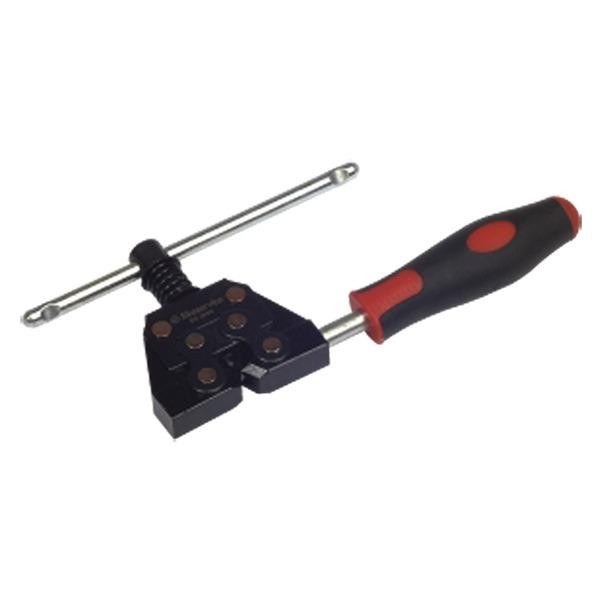 Black metal chain breaker tool with a red and black rubber grip handle, featuring a silver lever and multiple pins for extracting bicycle chains.