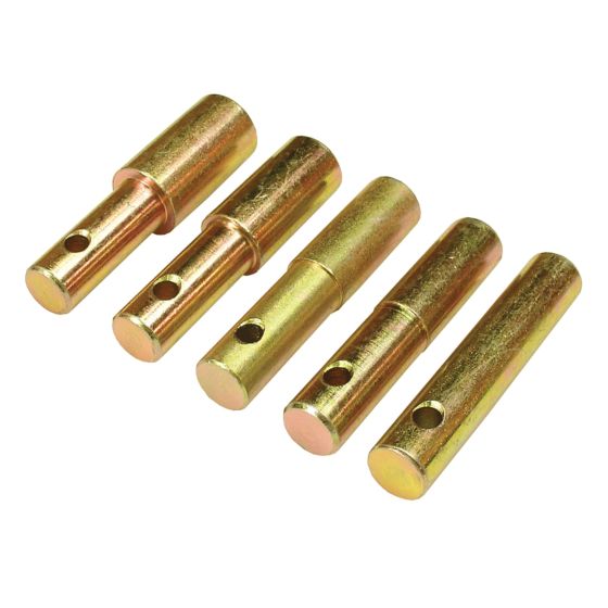 Set of five gold-colored metal head stand pins, each with a cylindrical shape and a hole for securing, designed for use with bike maintenance stands.