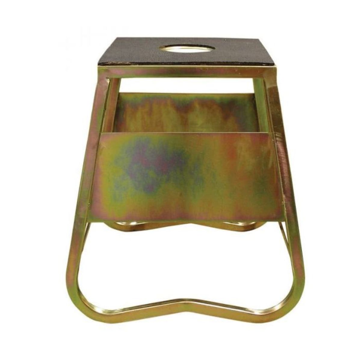 Large BikeTek MX Ridge Stand features a sturdy metal frame with a shiny, multi-colored finish, a black rubber top for grip, and a central hole for easy handling.