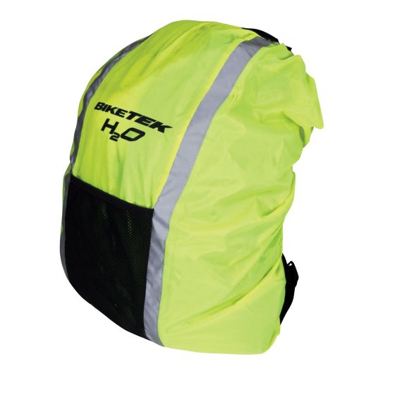 Hi-vis yellow waterproof motorcycle backpack cover with reflective stripes, featuring a mesh pocket and the BikeTek logo prominently displayed.