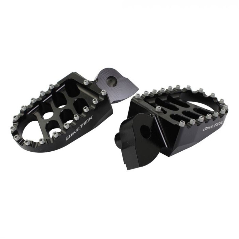 Black aluminum wide foot pegs with a textured surface and multiple grip pins, designed for Yamaha YZ65 models from 2018 to 2021, featuring the "BikeTek" logo.