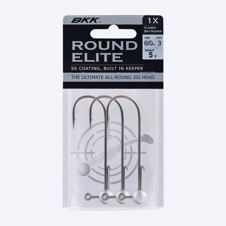 BKK Round Elite Classic Baitkeeper Jighead in a clear package, featuring three silver jigheads with a 7g weight and 5/0 hook size, designed for versatile fishing applications.