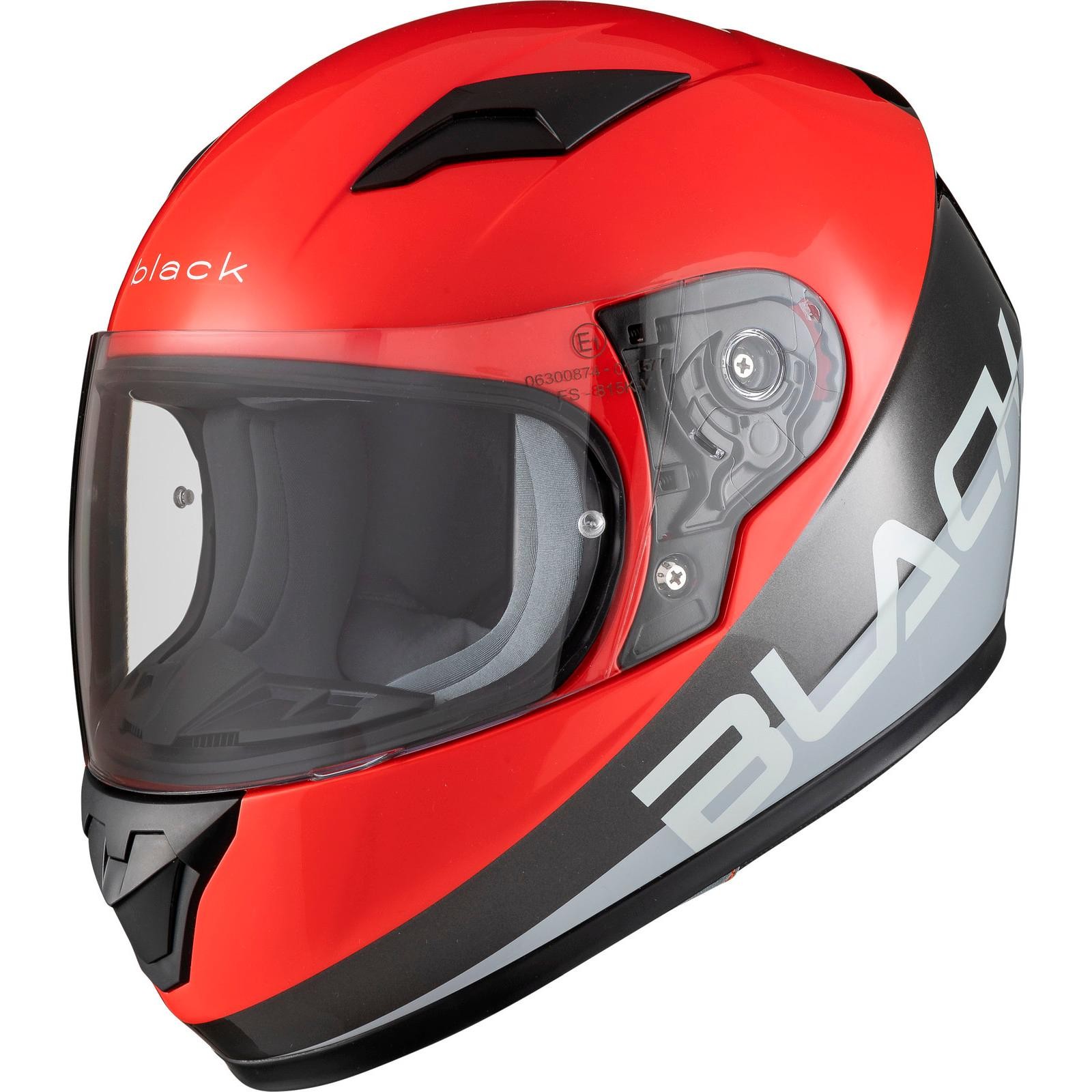 Black FastTrack Control kids motorcycle helmet in red and grey, featuring a sleek aerodynamic design, a clear visor, and a matte finish with bold "BLACK" branding.