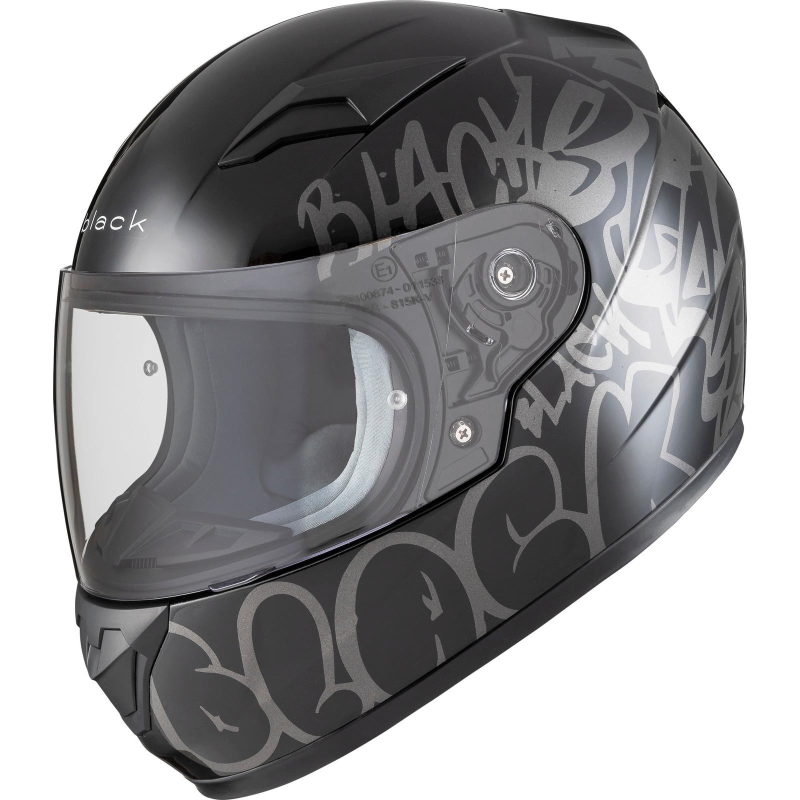 Black FastTrack Deface Kids Motorcycle Helmet featuring a sleek black finish with grey graffiti-style graphics and a clear visor for visibility.