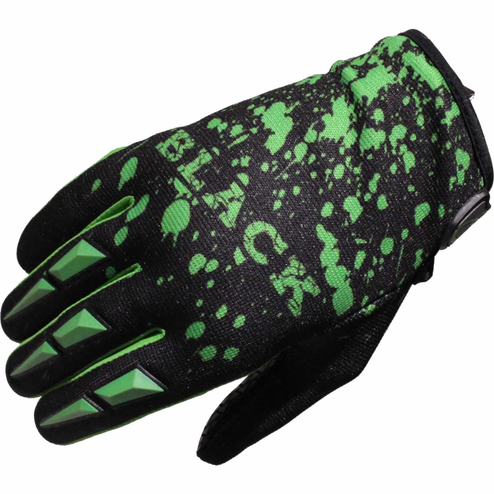 Black motocross gloves featuring a black and green splatter design, made from durable material with reinforced fingers and a secure wrist closure.
