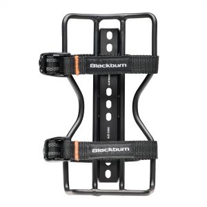 Black Blackburn Outpost Cage V2 features a sturdy black metal frame with adjustable straps for secure bottle storage, designed for versatility and durability in outdoor activities.
