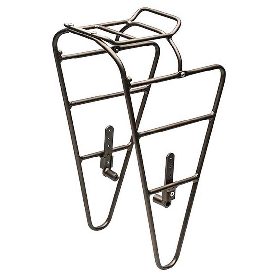 Blackburn Outpost Front Rack in metallic black, featuring a sturdy metal frame with multiple mounting points and a lightweight design for bike touring and cargo support.