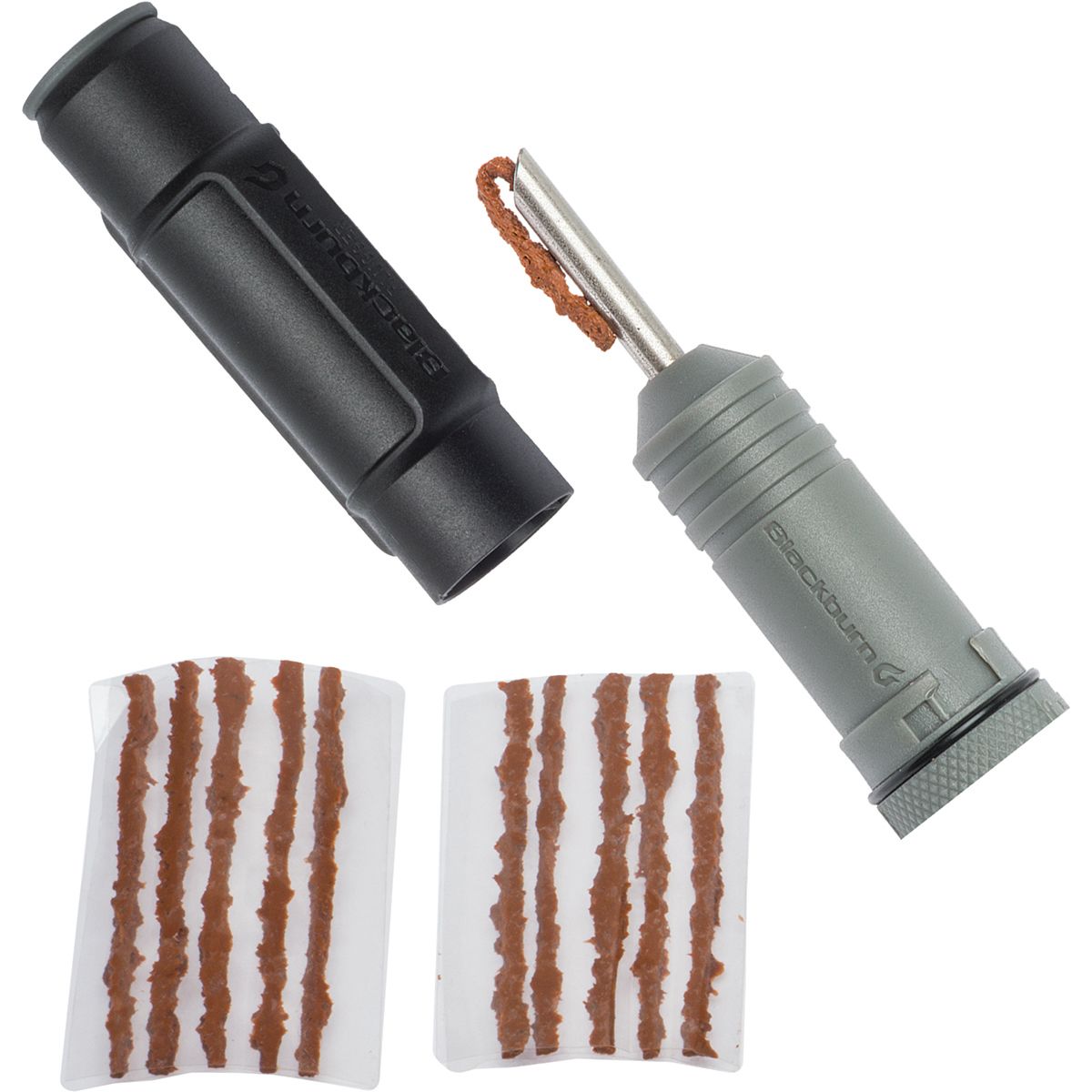 Blackburn Tubeless Plug Kit featuring a black plastic handle, a gray insertion tool, and two strips of brown rubber plugs for tire repairs.