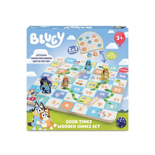 Colorful wooden games set featuring Bluey characters, including a snakes and ladders board and tic-tac-toe grid, designed for ages 3 and up.