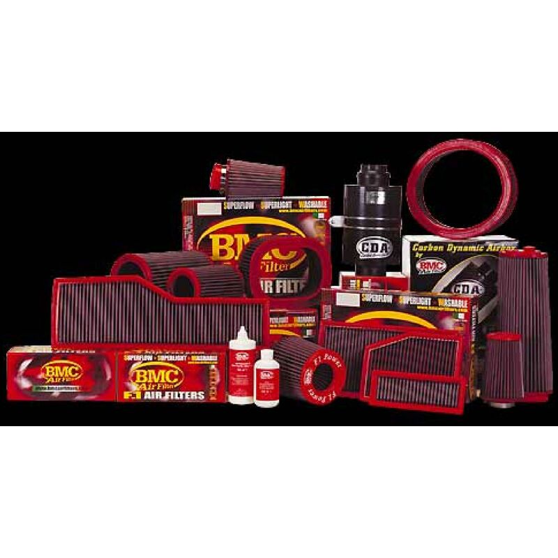 Red and black air filters and accessories by BMC, designed for Lotus Elise 1.8, featuring various shapes and sizes, with branding clearly visible on each item.