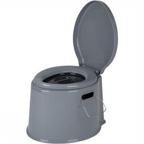 Portable toilet in grey, featuring a sturdy plastic construction, a hinged lid, and a side handle for easy transport, designed for outdoor use with a 7-liter capacity.