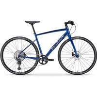 Blue Boardman HYB 8.9 hybrid bike with flat handlebars, disc brakes, and thin tires.