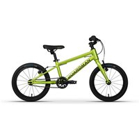 Bright green Boardman JNR 16" kids' bike with black seat, handlebars, and tires, featuring a lightweight frame.