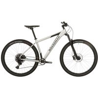 White Boardman MHT 8.8 hardtail mountain bike with black tires, front suspension, and flat handlebars.