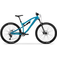 Teal Boardman MTR 8.8 women's mountain bike, full suspension, black handlebars, and 29-inch wheels with Maxxis tires.