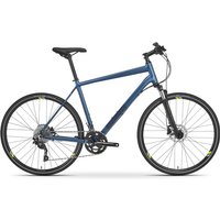 Blue Boardman MTX 8.8 hybrid bike with disc brakes, flat handlebars, and thin tires.