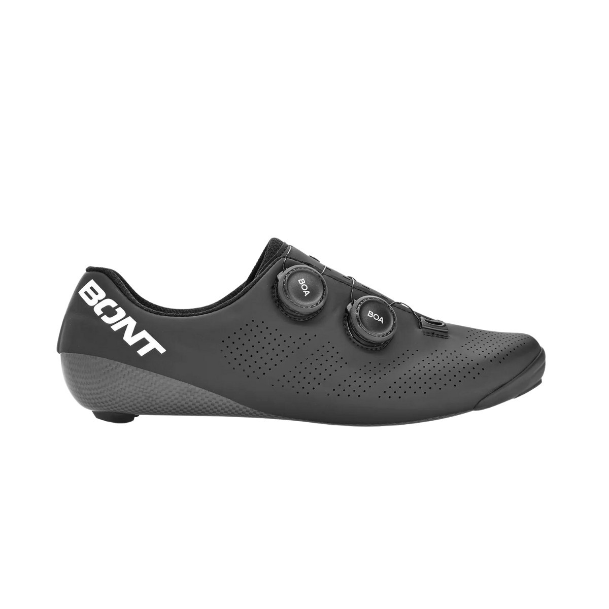 Black Bont Riot 24 cycling shoes in size 44 EUR, featuring a sleek design, perforated material for breathability, and dual BOA dial closures for a secure fit.
