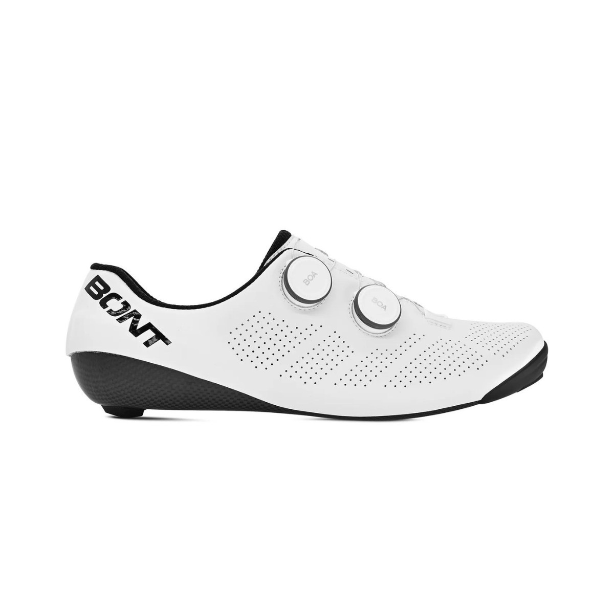 Bont Riot 24 Wide cycling shoes in white, size 42.5 EUR, featuring a sleek design, dual BOA dials for adjustment, and a black sole for enhanced grip.