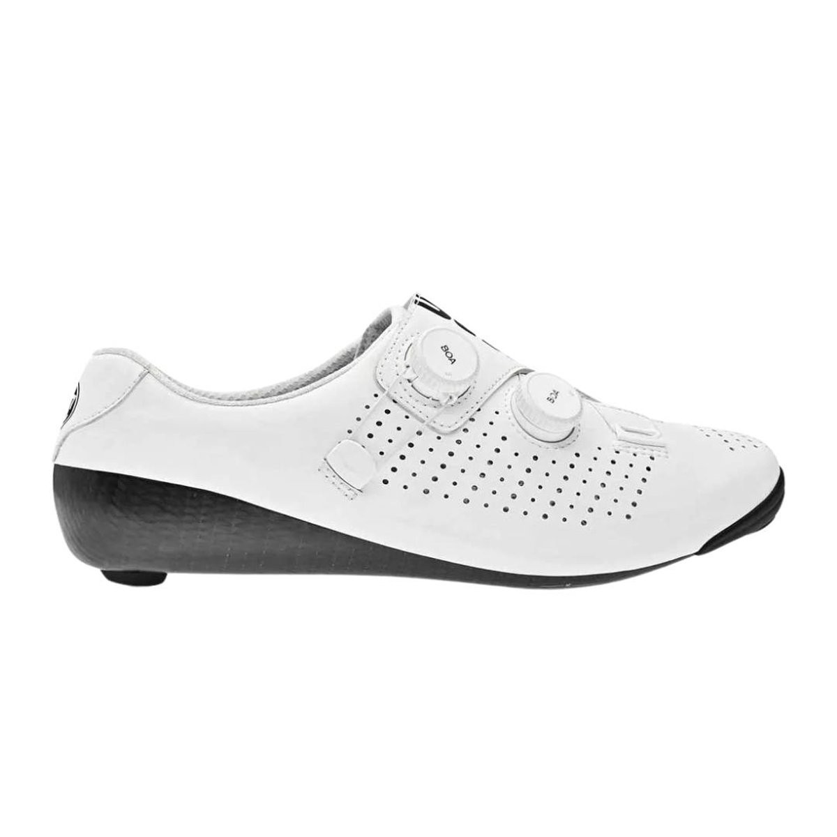 Bont Vaypor SL Wide cycling shoes in white and black, size 44, featuring a sleek design, perforated upper for breathability, and dual BOA dial closures for a secure fit.