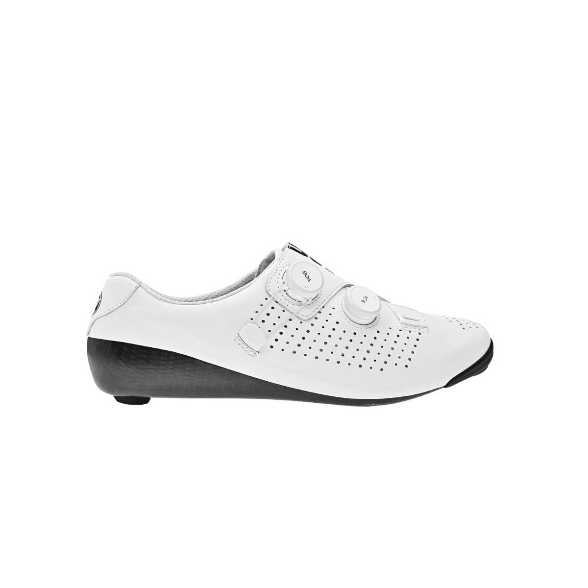 Bont Vaypor SL cycling shoes in white and black, size 45, featuring a sleek design, perforated upper for breathability, and dual BOA dial closures for a secure fit.