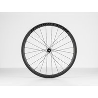 Black Bontrager Aeolus Pro 37 rear road bike wheel, tubeless ready, disc brake compatible, with sleek aerodynamic spokes.
