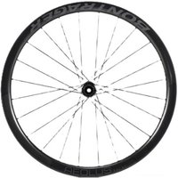 Black Bontrager Aeolus RSL 37 TLR Disc rear road bike wheel with sleek aero spokes and bold logo on rim.