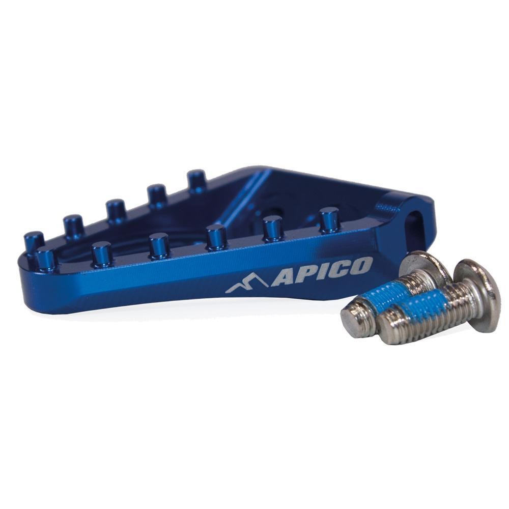 Blue aluminum brake pedal tip with a textured surface and multiple grip points, featuring the "APICO" logo and accompanied by a silver screw for installation.