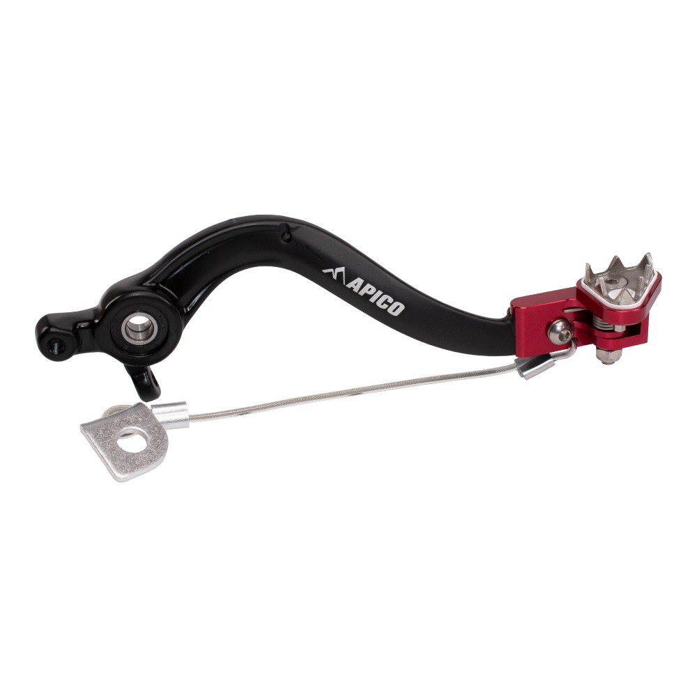 Apico brake pedal in black and red, featuring a curved design, metal construction, and a serrated tip for grip, compatible with KTM SX85, Husqvarna TC85, and Gas Gas MC85 models.