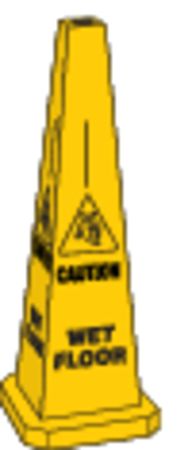 Yellow plastic warning cone, 35 inches tall, featuring a caution symbol and "WET FLOOR" text for safety alerts.