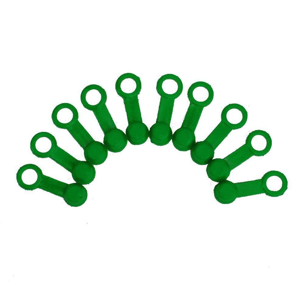 Ten green rubber brake bleed caps arranged in a semi-circle, each featuring a round top and a looped handle for easy attachment and removal.