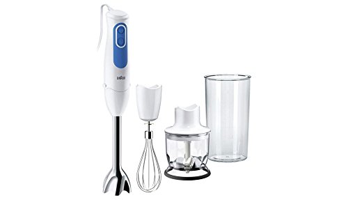 White Braun Hand Blender 700W MultiQuick 3 Series with blue accents, includes blending shaft, whisk attachment, chopper, and clear mixing cup.